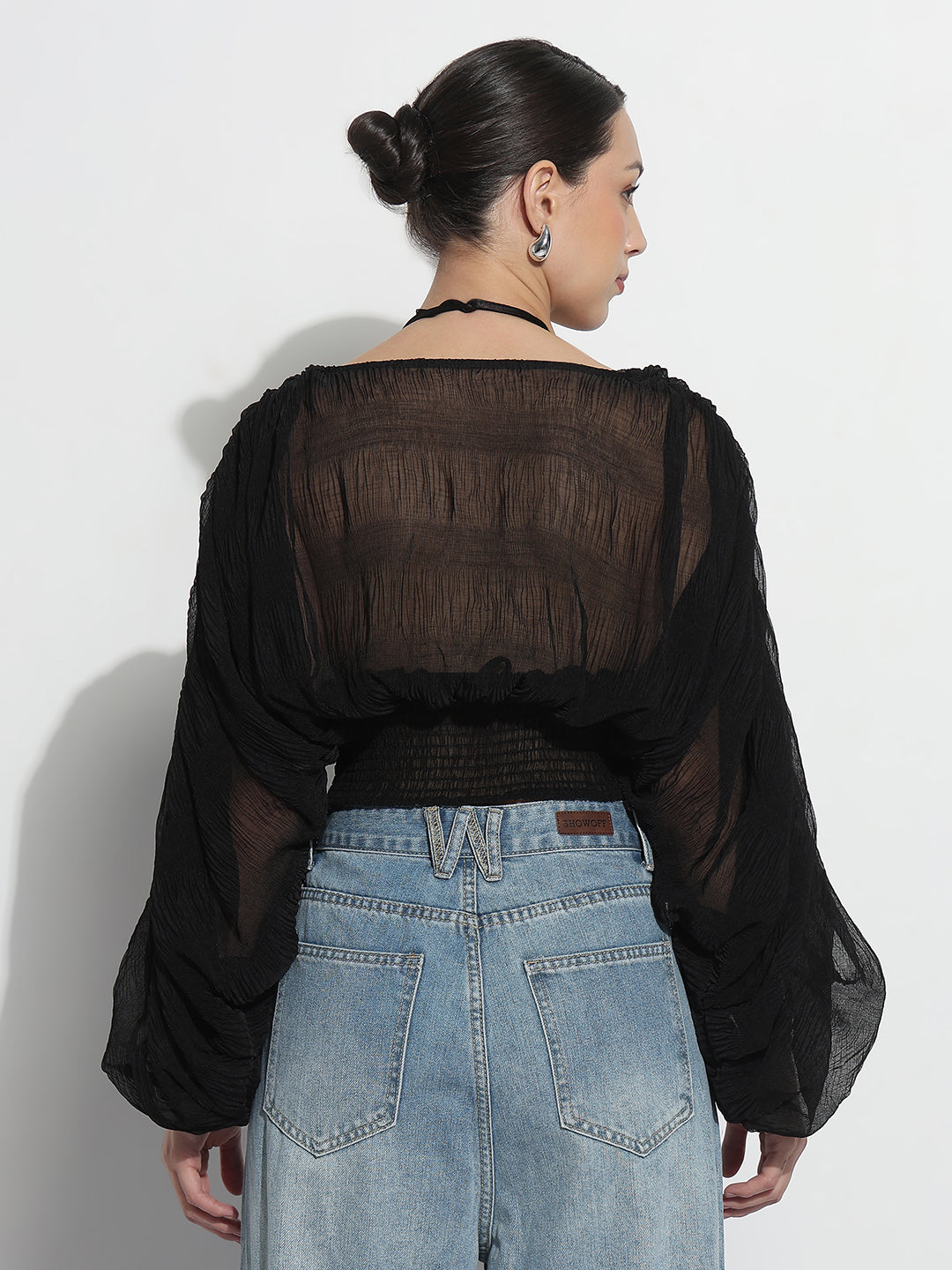 Women's Black V-neck Ruched Balloon Sleeve Top