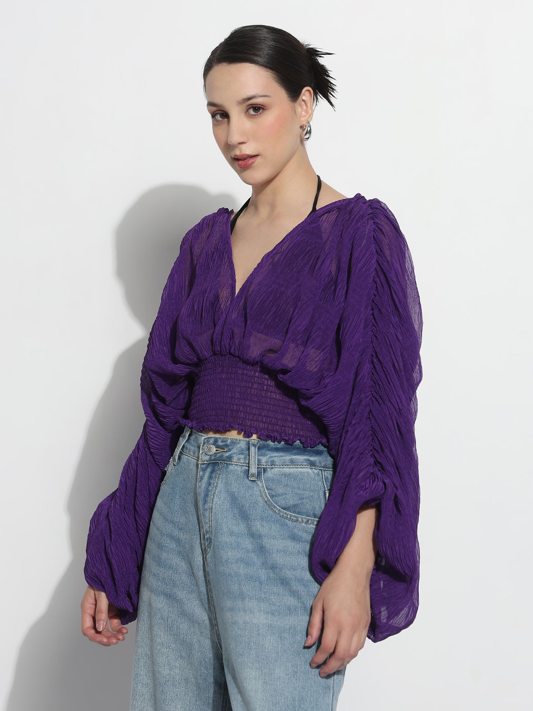Women's Purple V-neck Ruched Balloon Sleeve Top