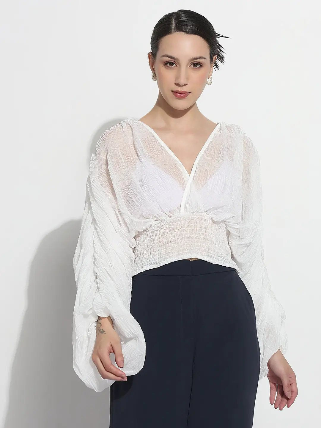 Shop Women's White V-neck Ruched Balloon Sleeve Top | Showoffff