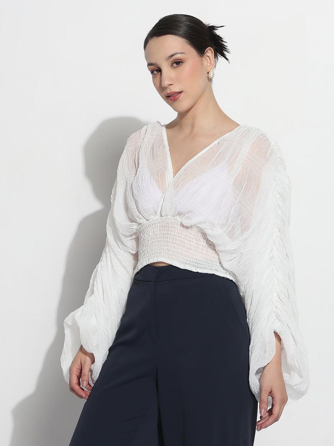 Women's White V-neck Ruched Balloon Sleeve Top
