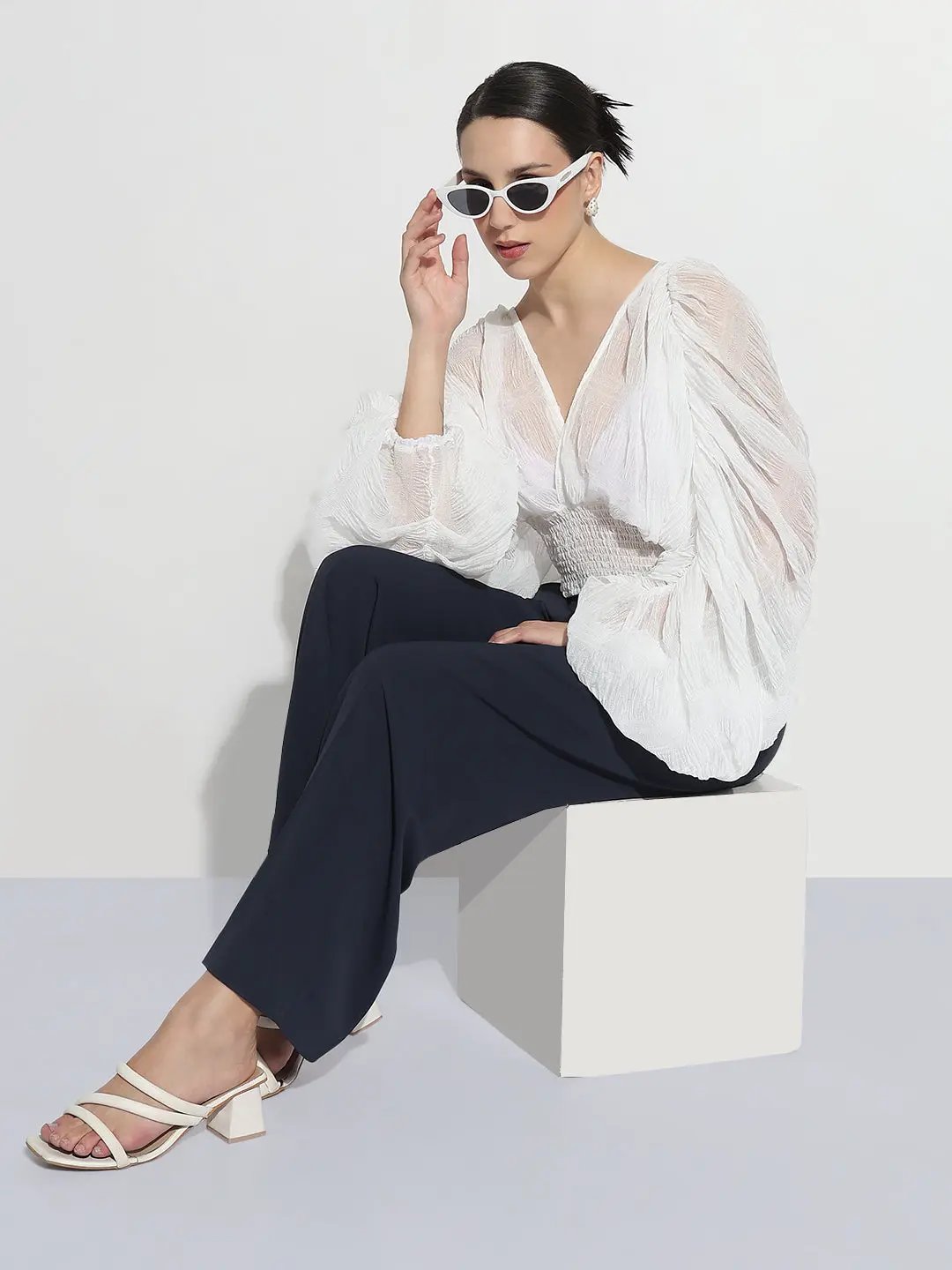 Shop Women's White V-neck Ruched Balloon Sleeve Top | Showoffff