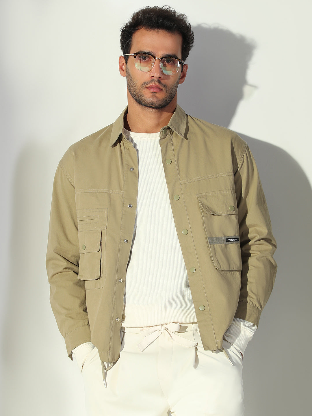 Men Solid Khaki Shacket