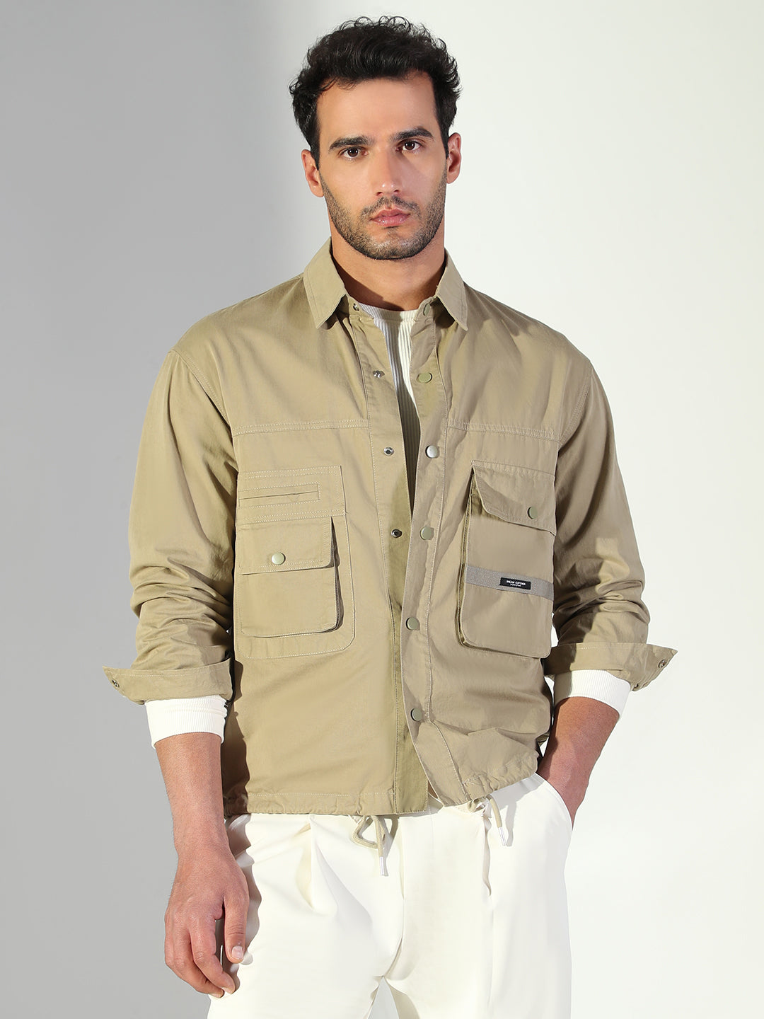 Men Solid Khaki Shacket