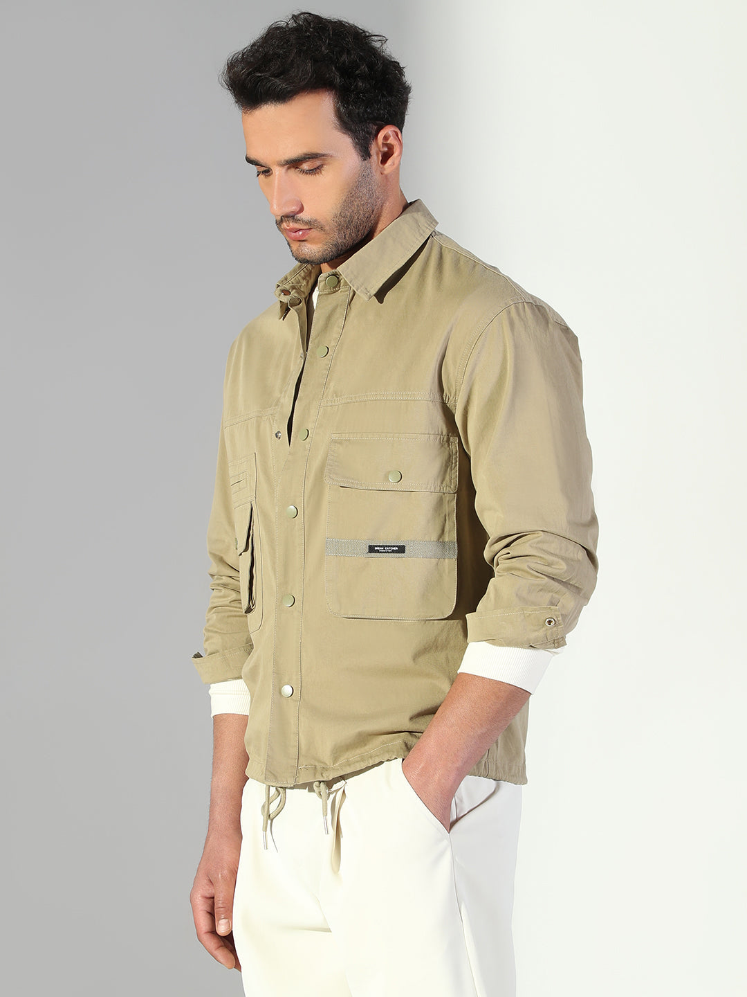 Men Solid Khaki Shacket