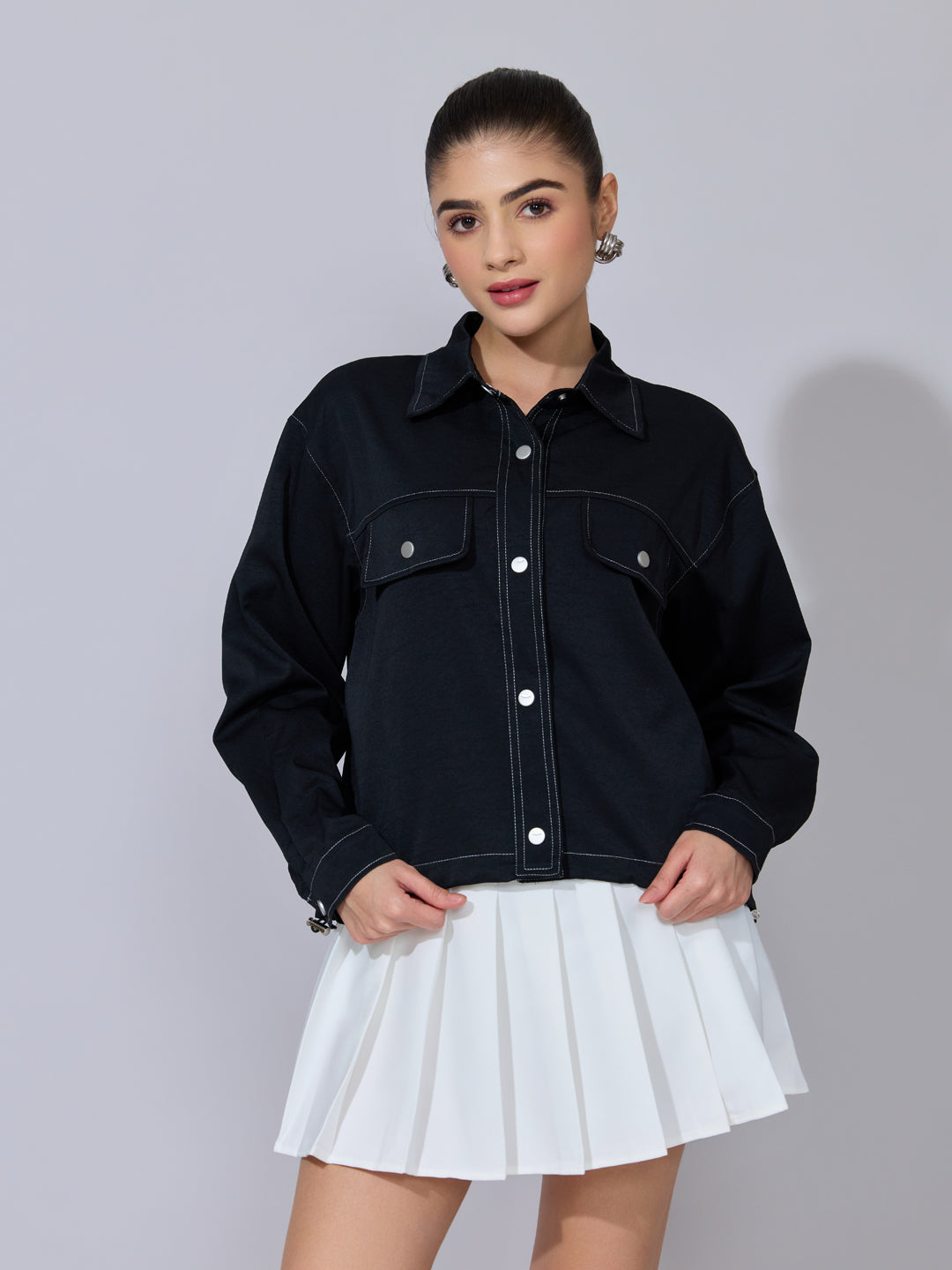Women's Black Utility Jacket with Contrast Stitch