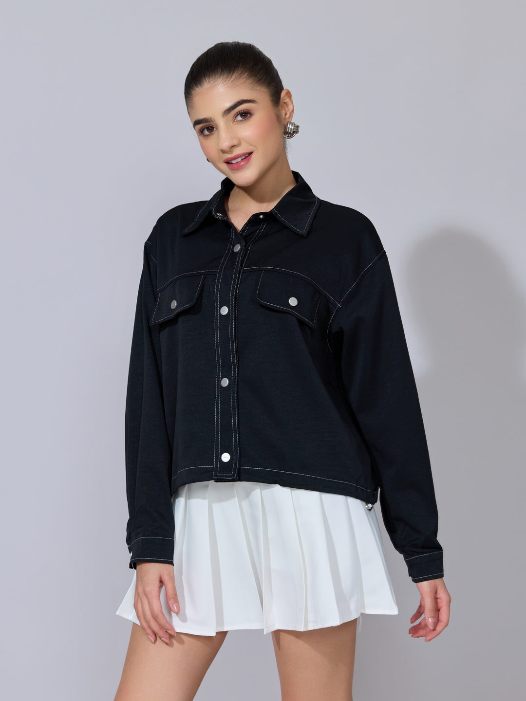 Women's Black Utility Jacket with Contrast Stitch