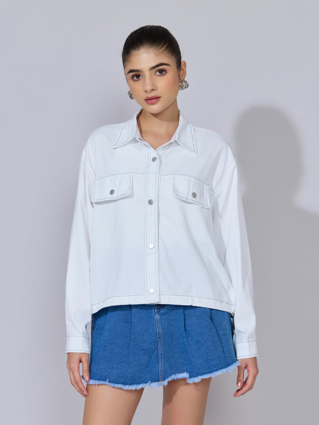 Women's White Utility Jacket with Contrast Stitch