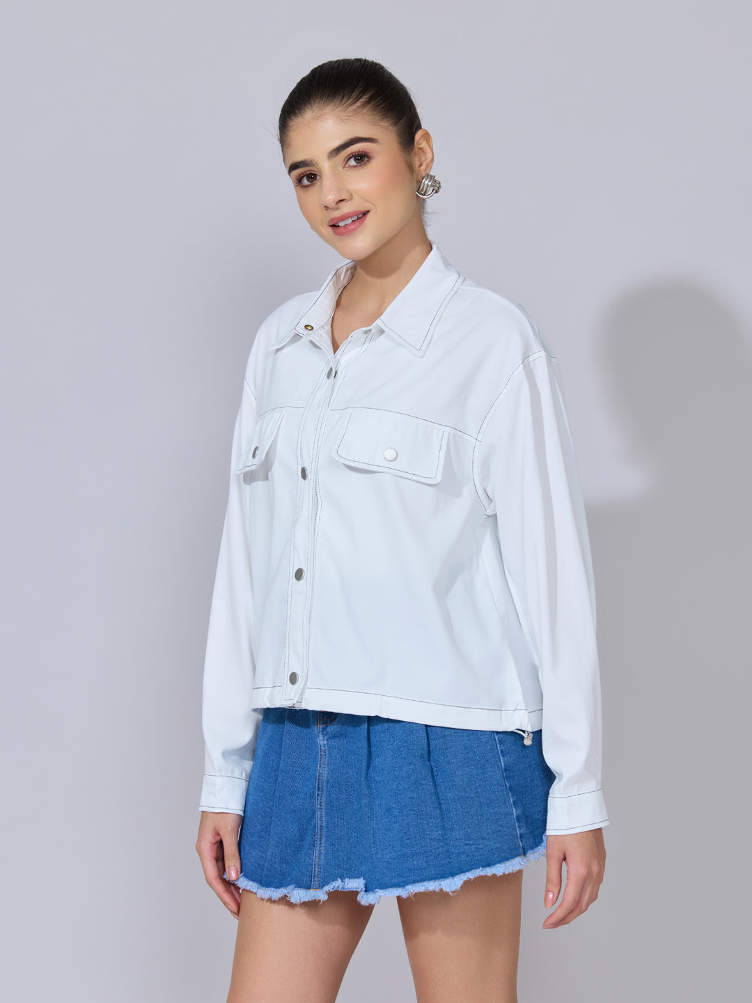 Women's White Utility Jacket with Contrast Stitch