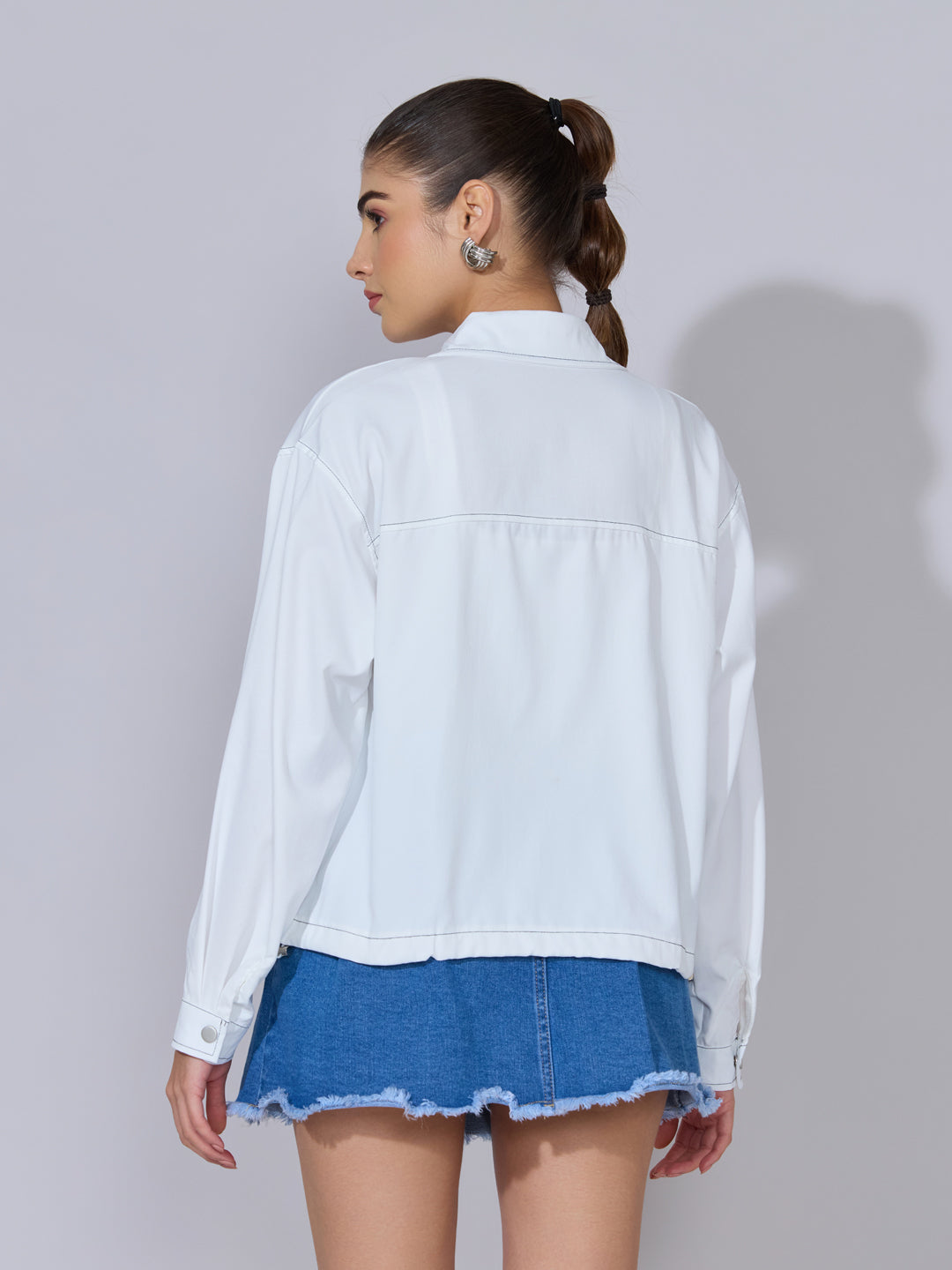 Women's White Utility Jacket with Contrast Stitch