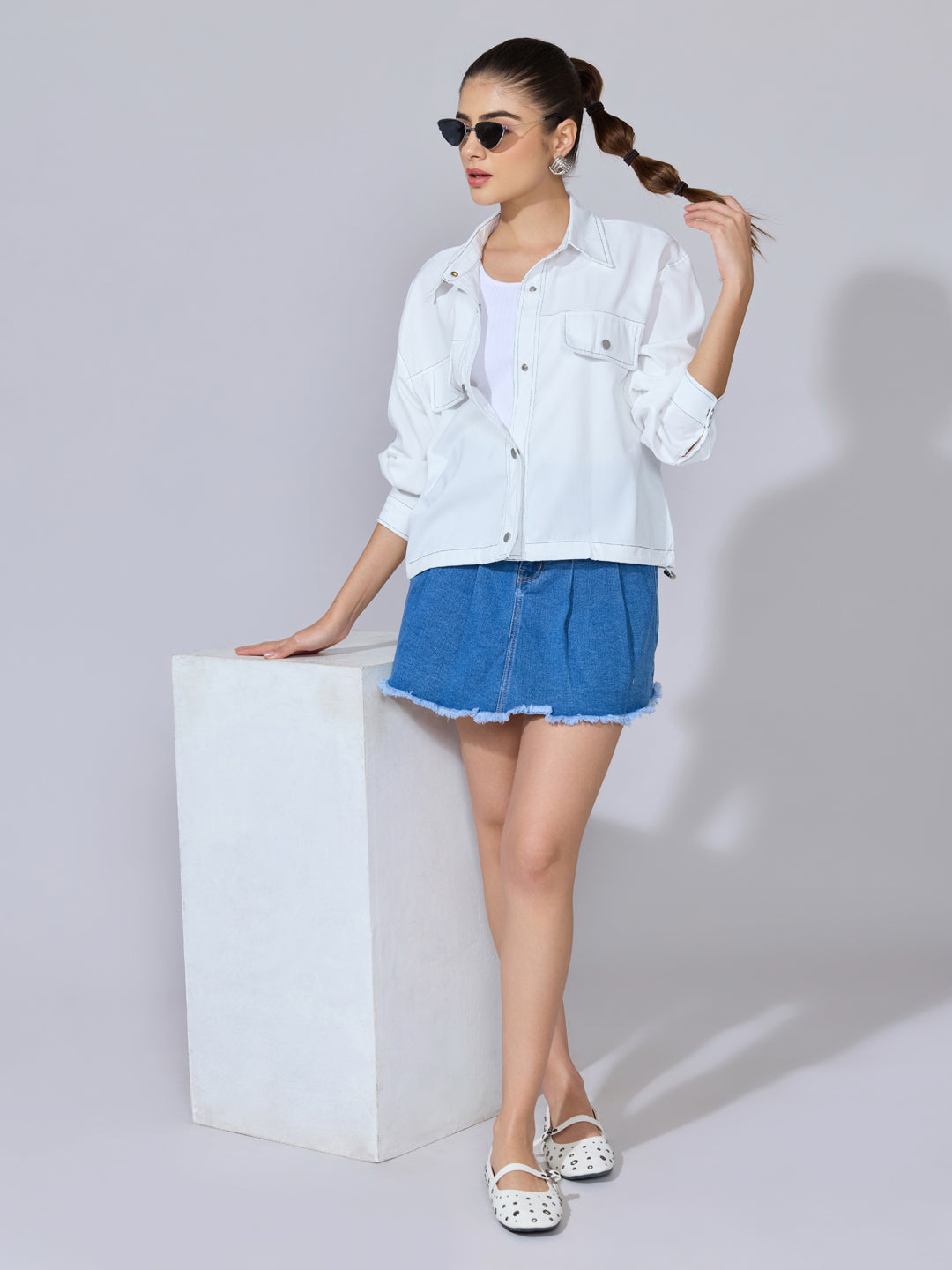 Women's White Utility Jacket with Contrast Stitch