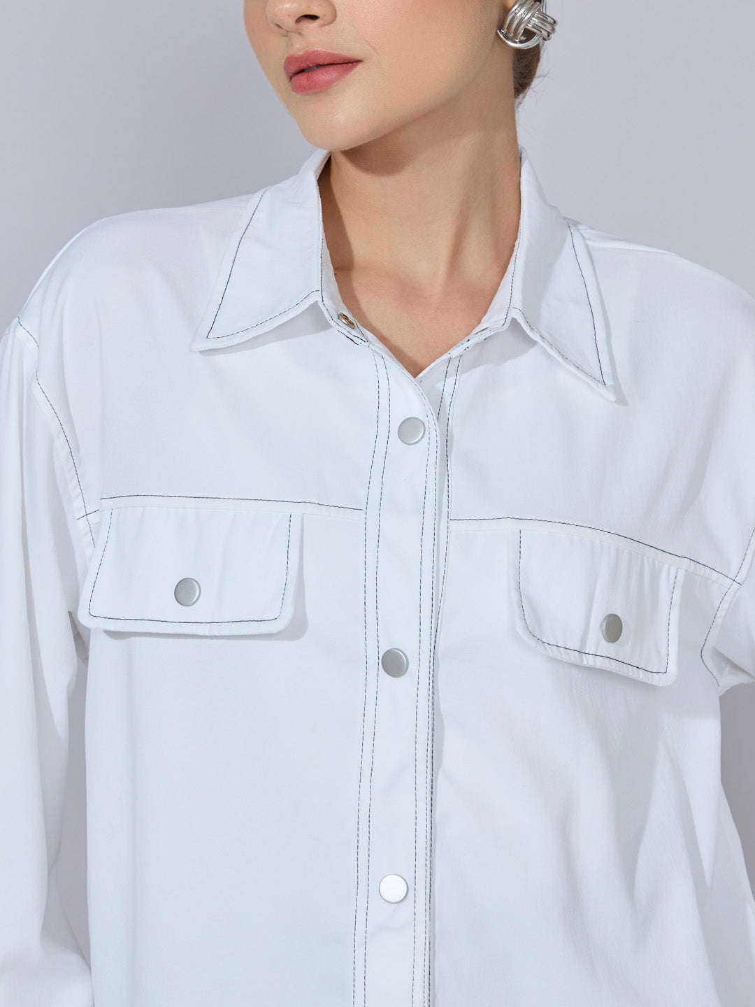 Women's White Utility Jacket with Contrast Stitch