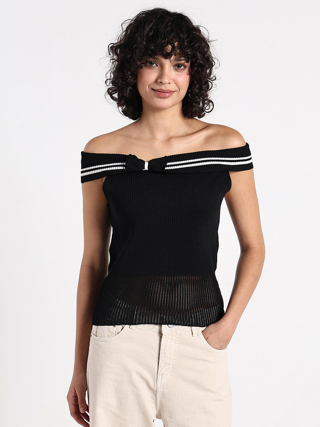 Women's Black Off-Shoulder Knit Top  with Contrast Striped Trim Detail