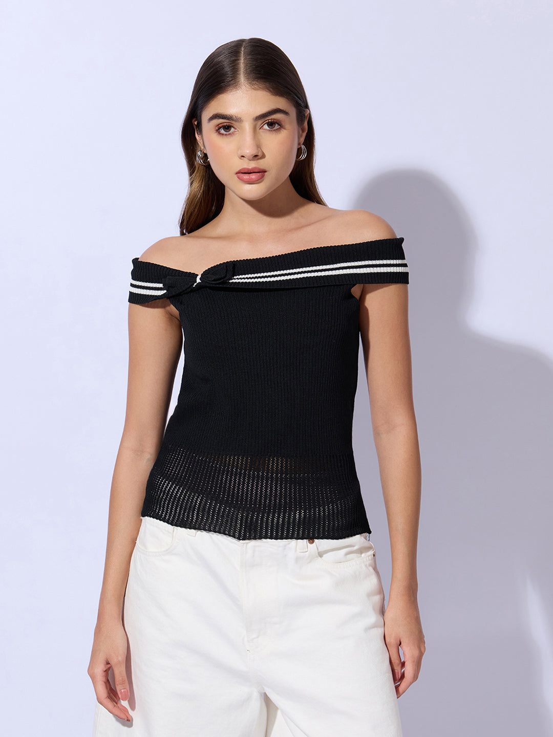 Women's Black Off-Shoulder Knit Top  with Contrast Striped Trim Detail