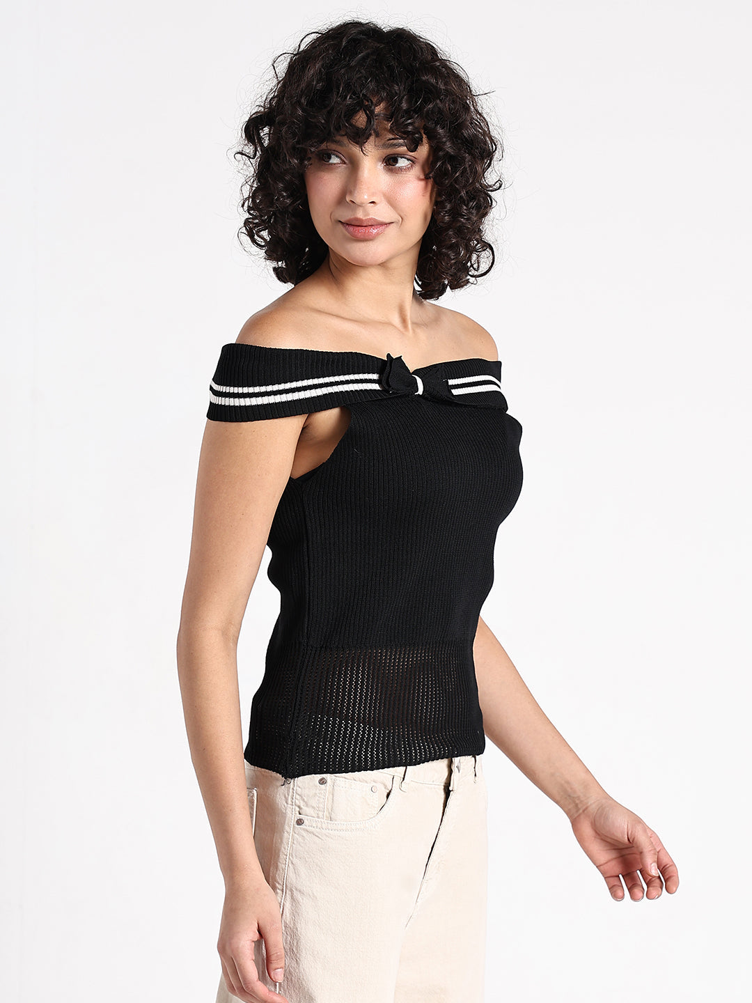 Women's Black Off-Shoulder Knit Top  with Contrast Striped Trim Detail