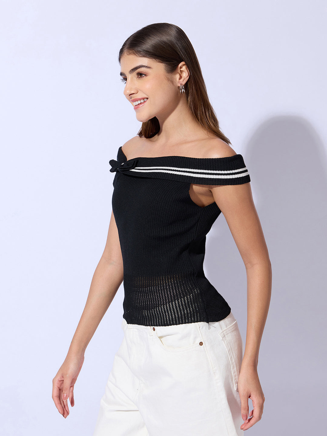 Women's Black Off-Shoulder Knit Top  with Contrast Striped Trim Detail