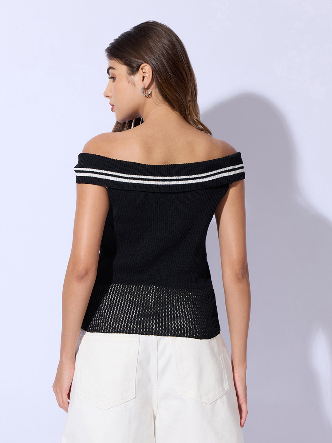 Women's Black Off-Shoulder Knit Top  with Contrast Striped Trim Detail