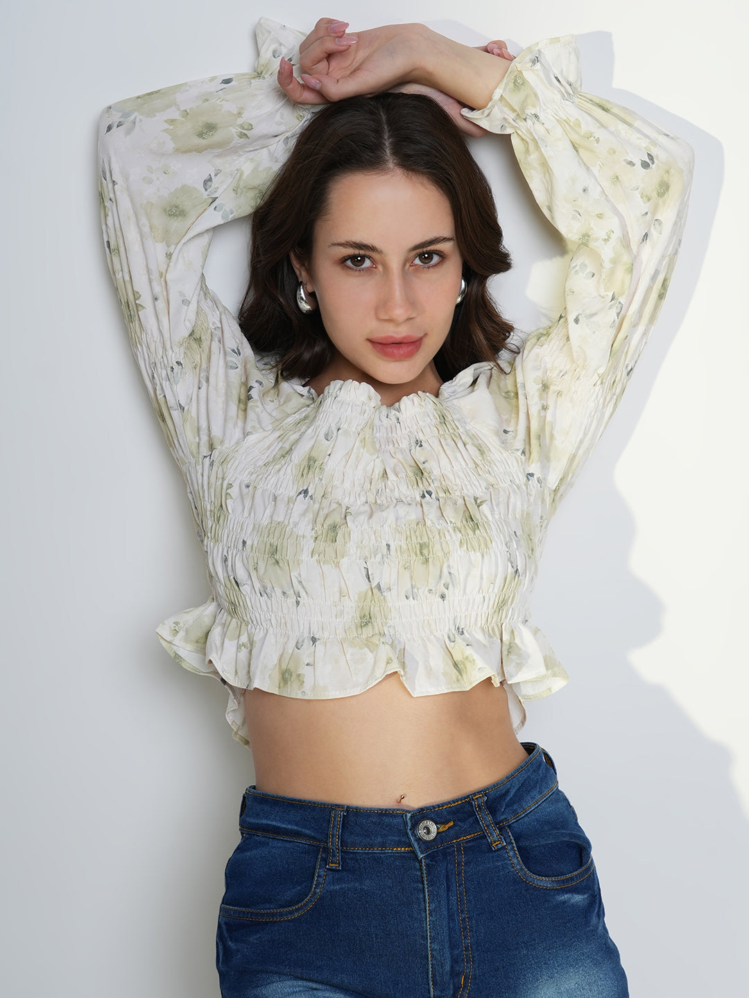 Women Green Floral Crop Top