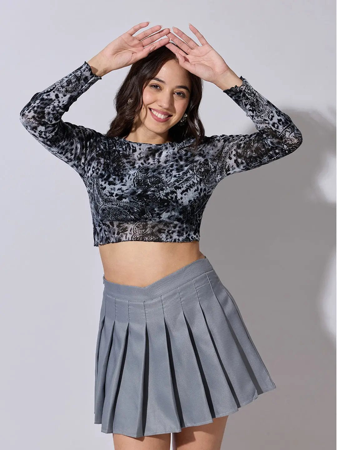 Women's Abstract Printed Grey Mesh Crop Top - from SHOWOFFFF