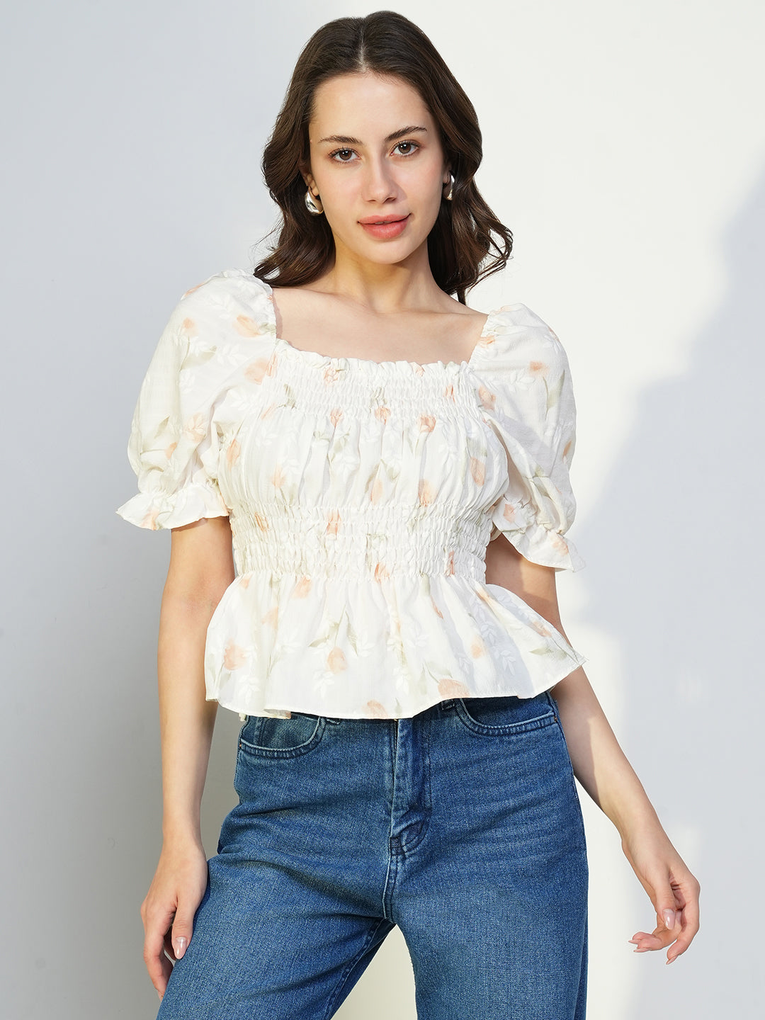 Women Cream Floral Peplum Top