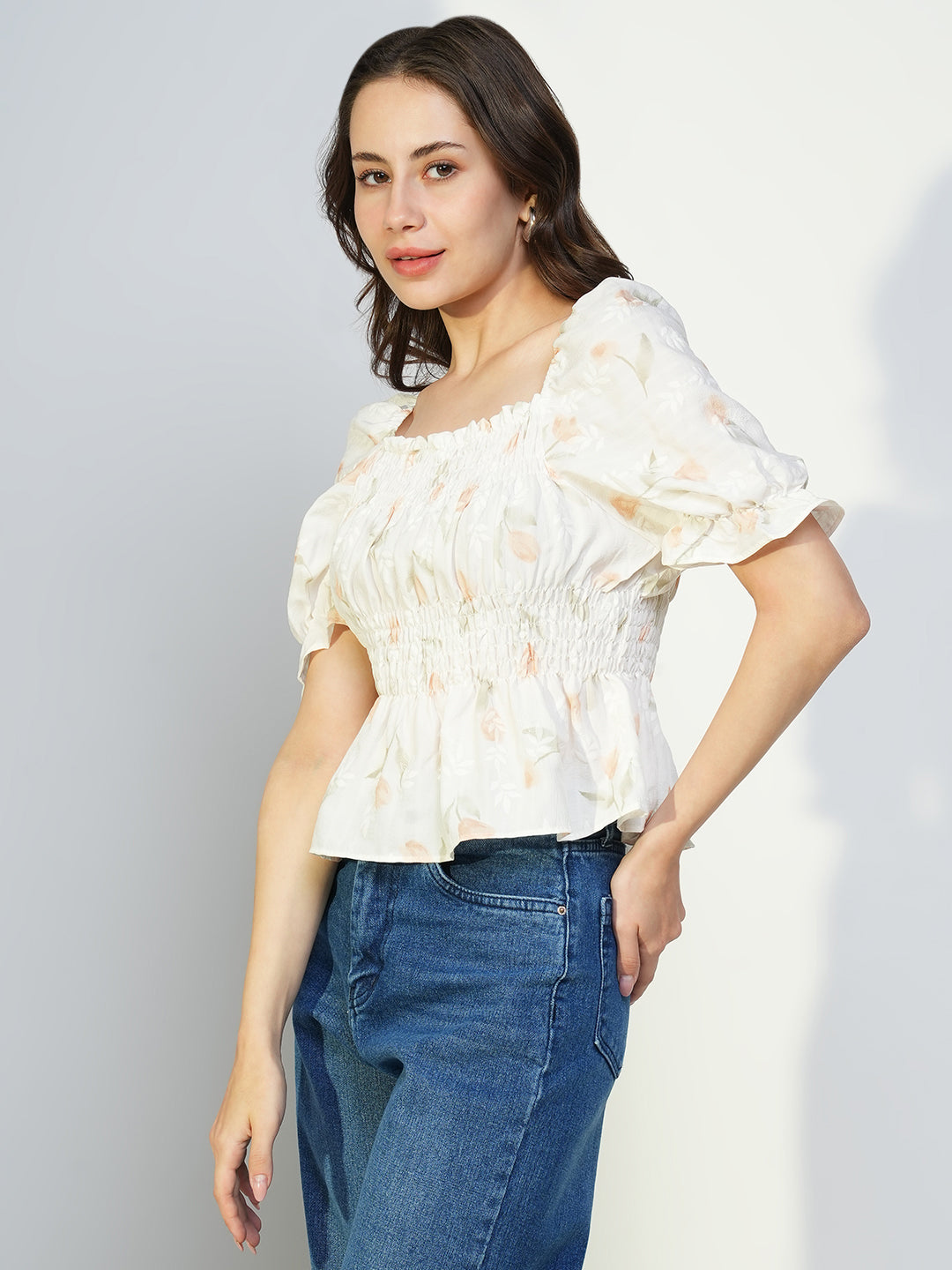 Women Cream Floral Peplum Top