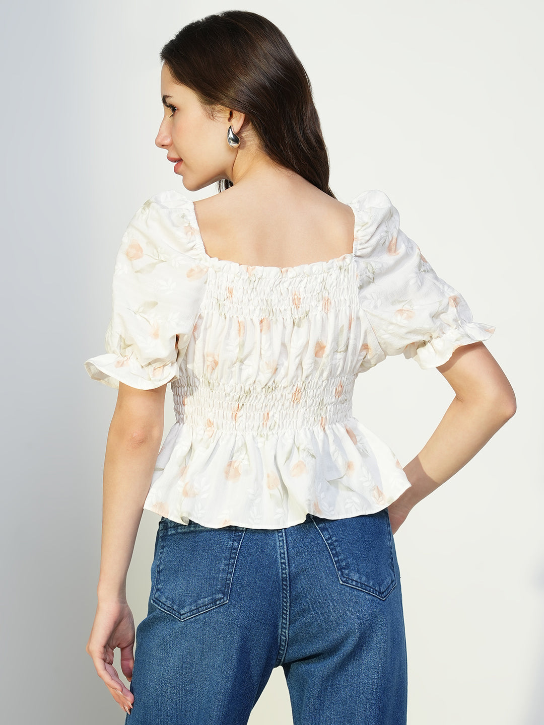 Women Cream Floral Peplum Top