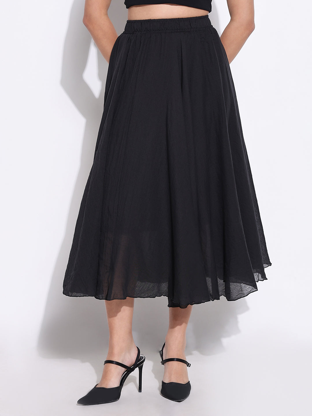 Women Black Solid Flared Skirt