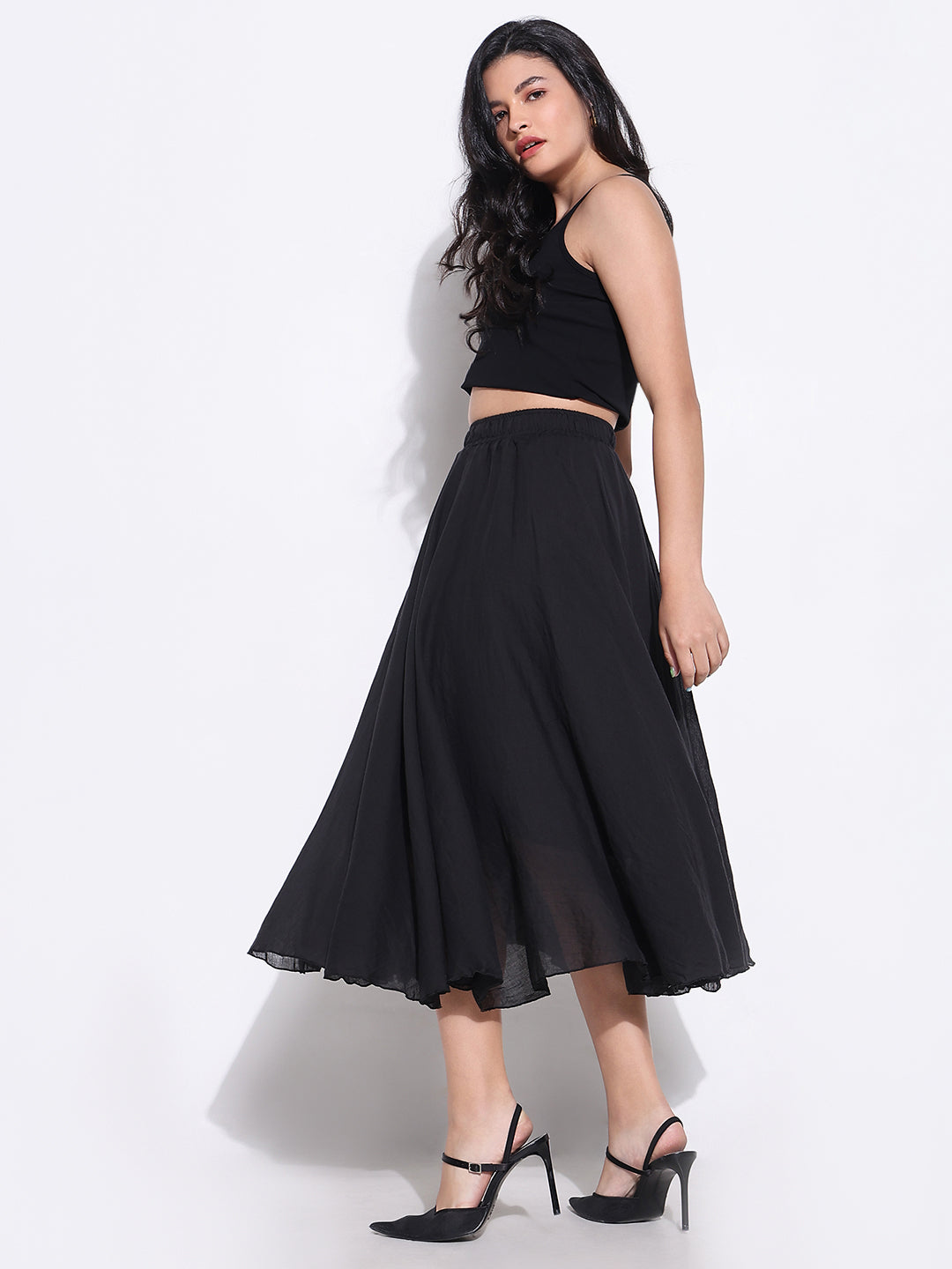 Women Black Solid Flared Skirt