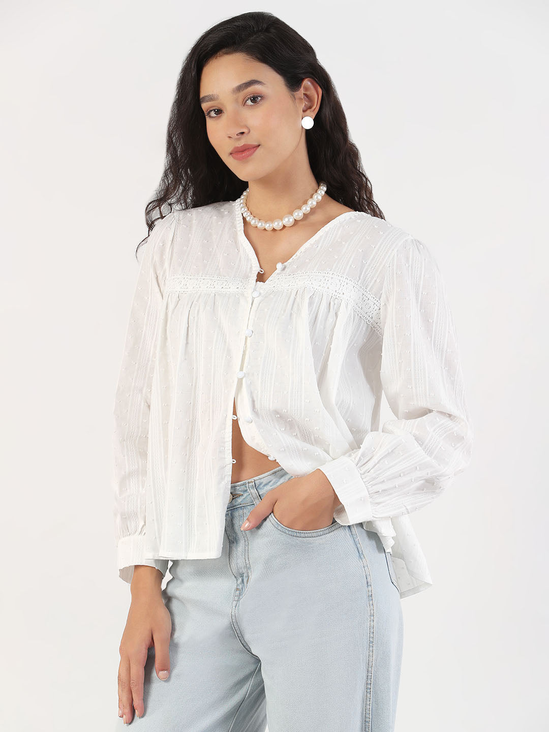 Women Self Design V-Neck White Shirt Style Top