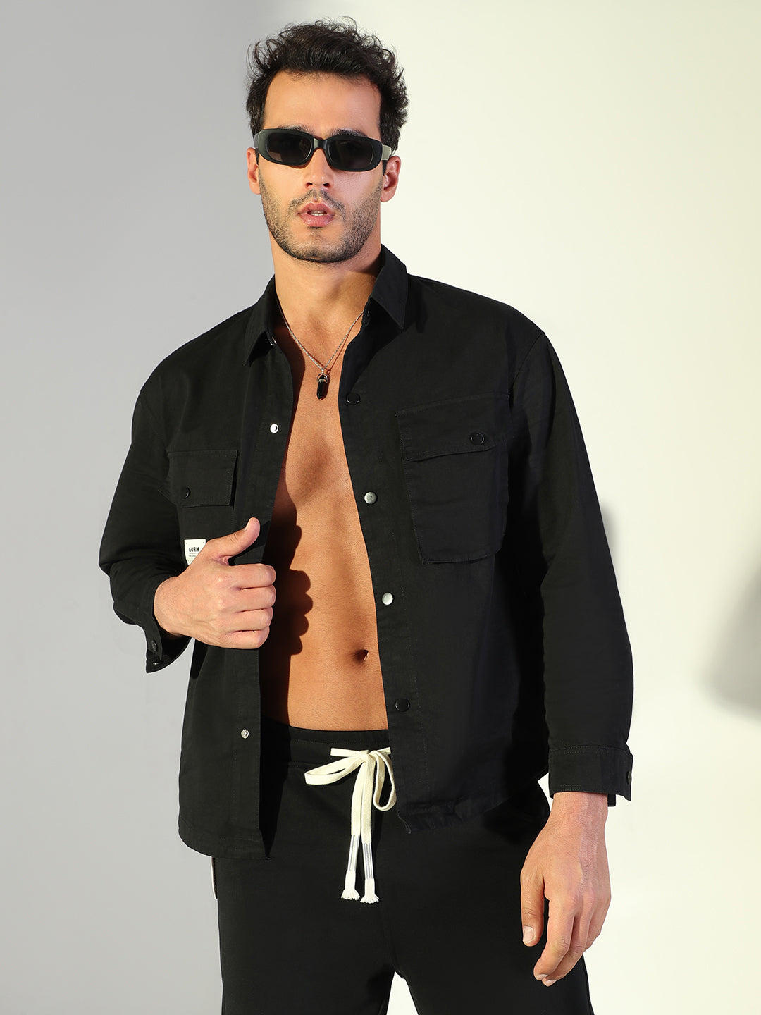 Men Solid Black Shacket