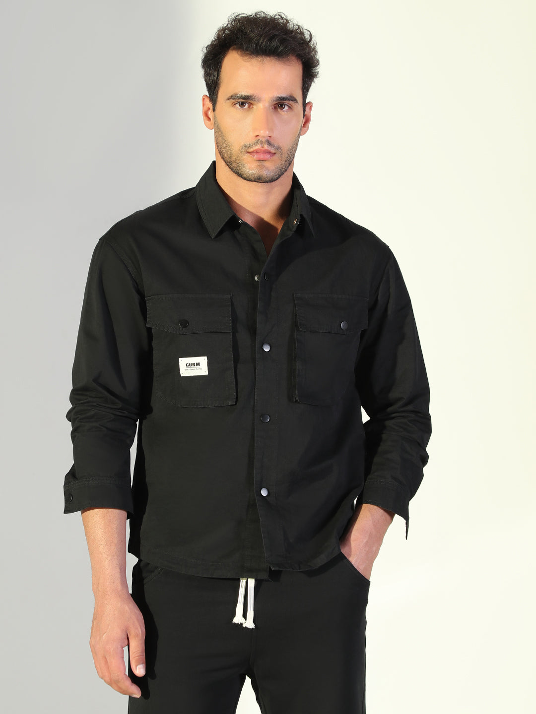 Men Solid Black Shacket