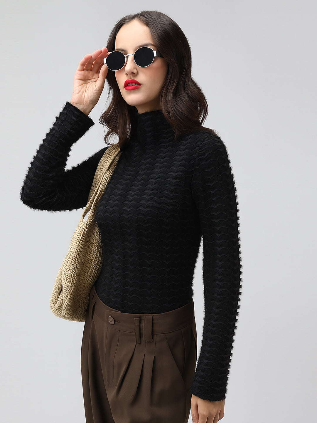 Women's Textured Black High Neck Top