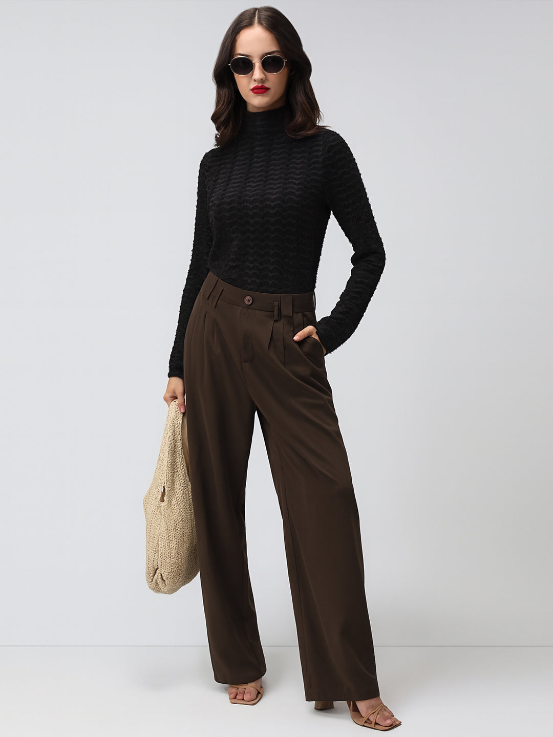 Women's Textured Black High Neck Top