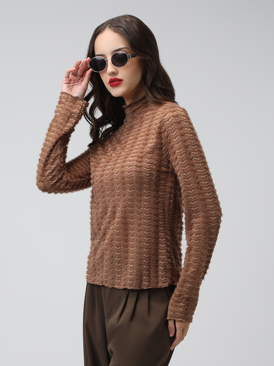 Women's Textured Brown High Neck Top