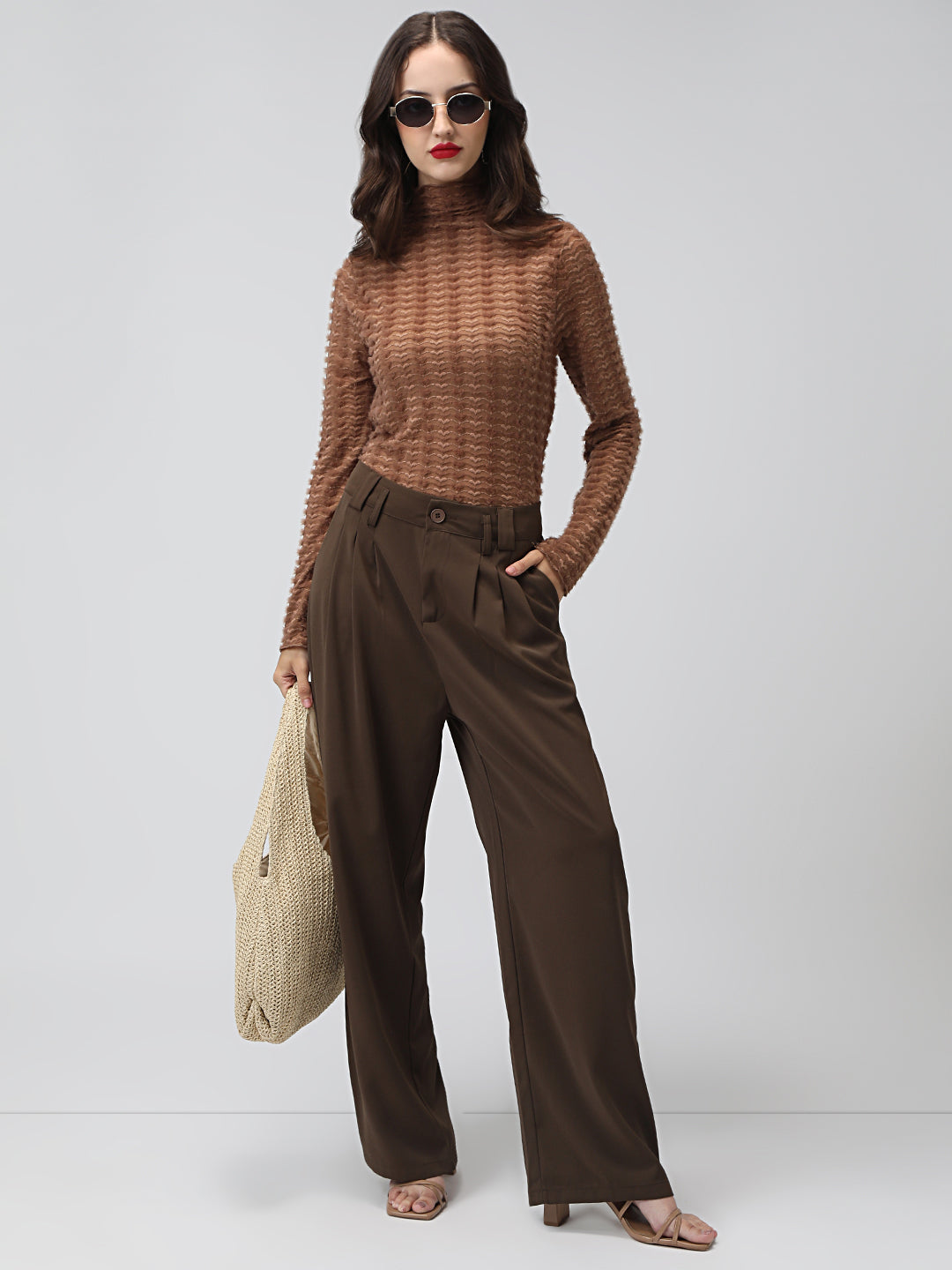 Women's Textured Brown High Neck Top