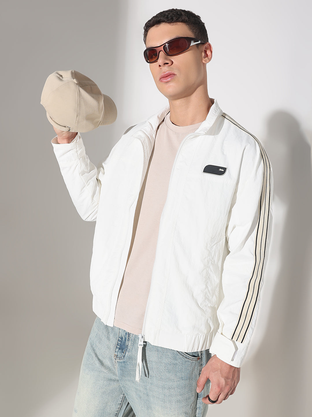Men's Off White Mock Collar Jacket with Striped Tape Detail