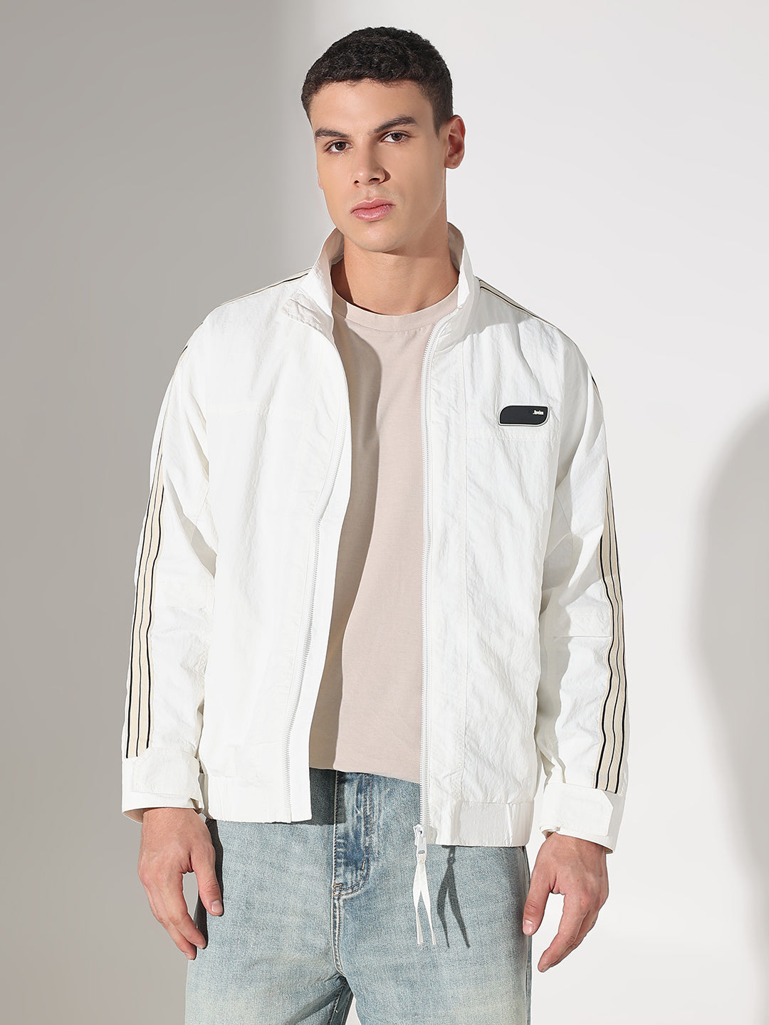 Men's Off White Mock Collar Jacket with Striped Tape Detail