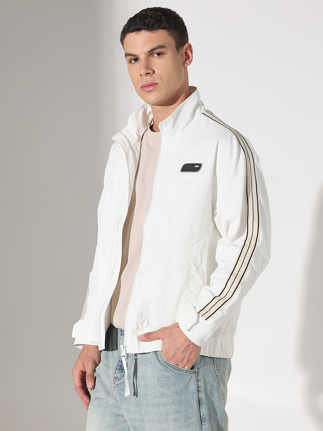 Men's Off White Mock Collar Jacket with Striped Tape Detail