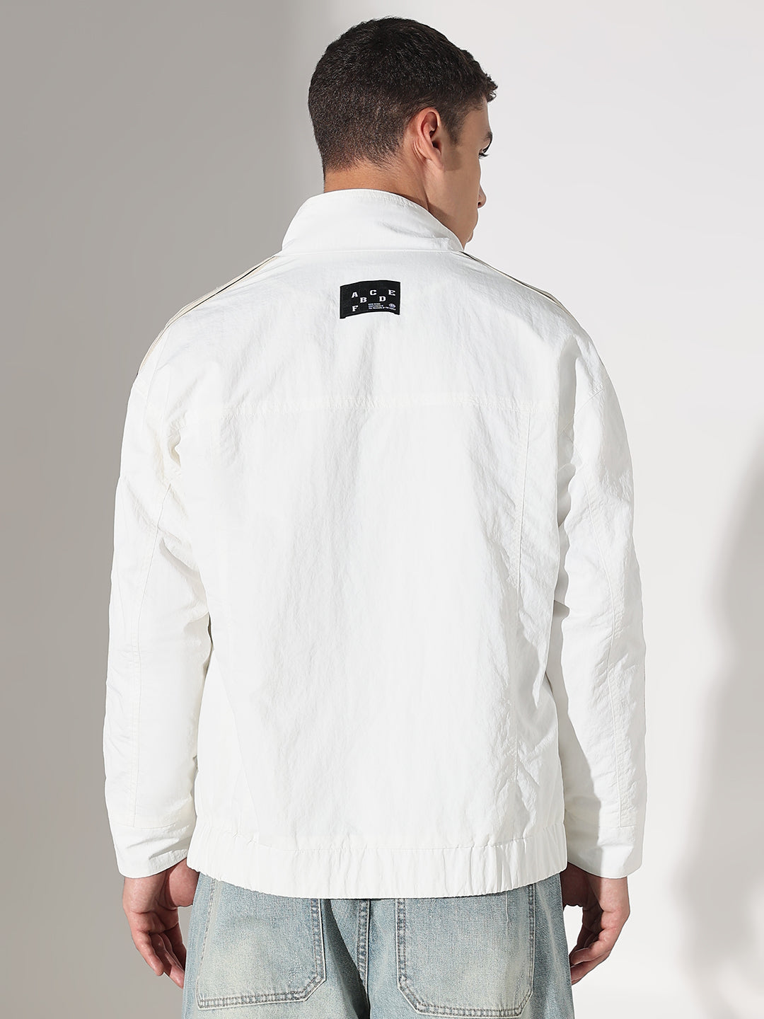 Men's Off White Mock Collar Jacket with Striped Tape Detail