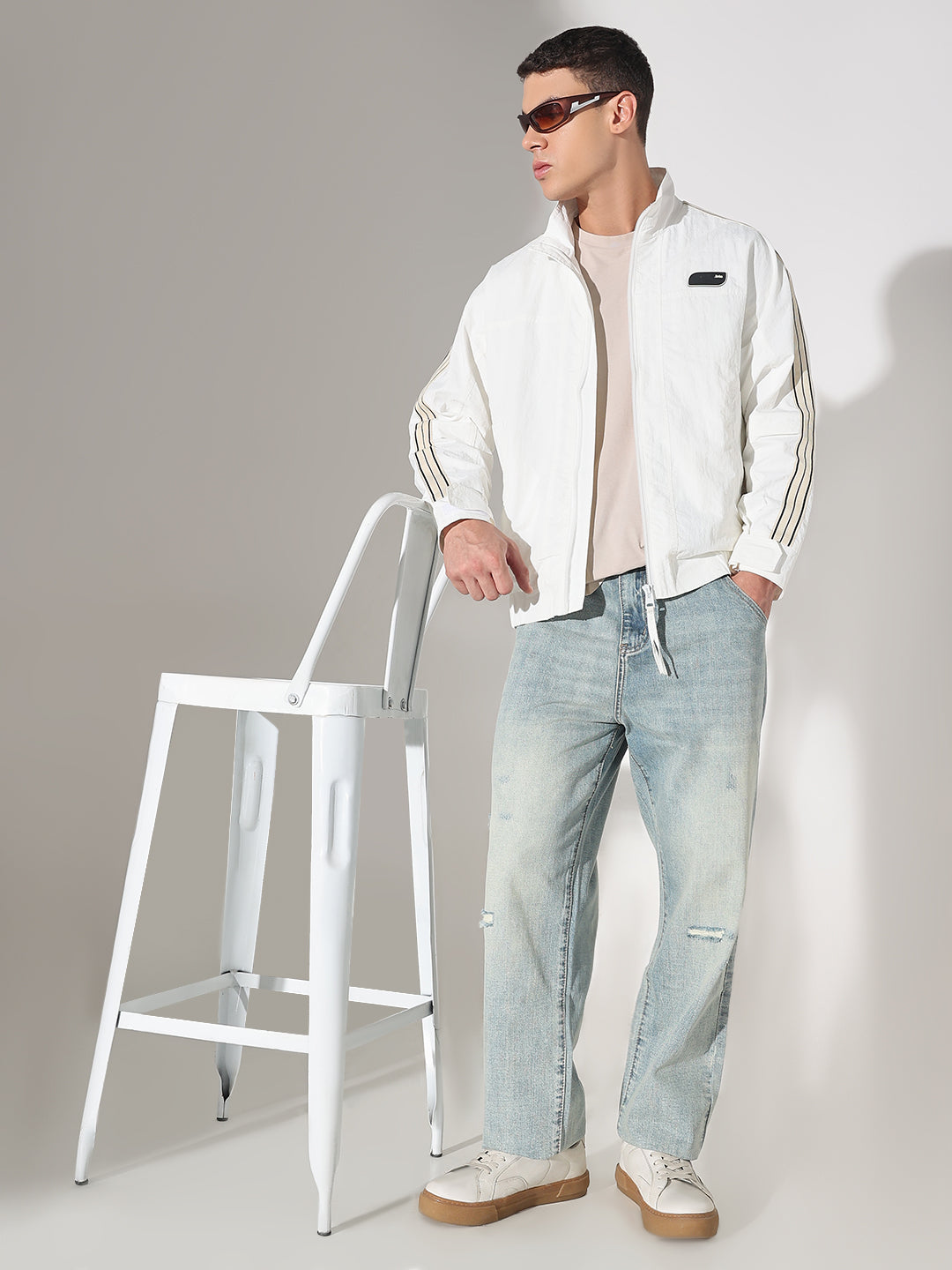 Men's Off White Mock Collar Jacket with Striped Tape Detail