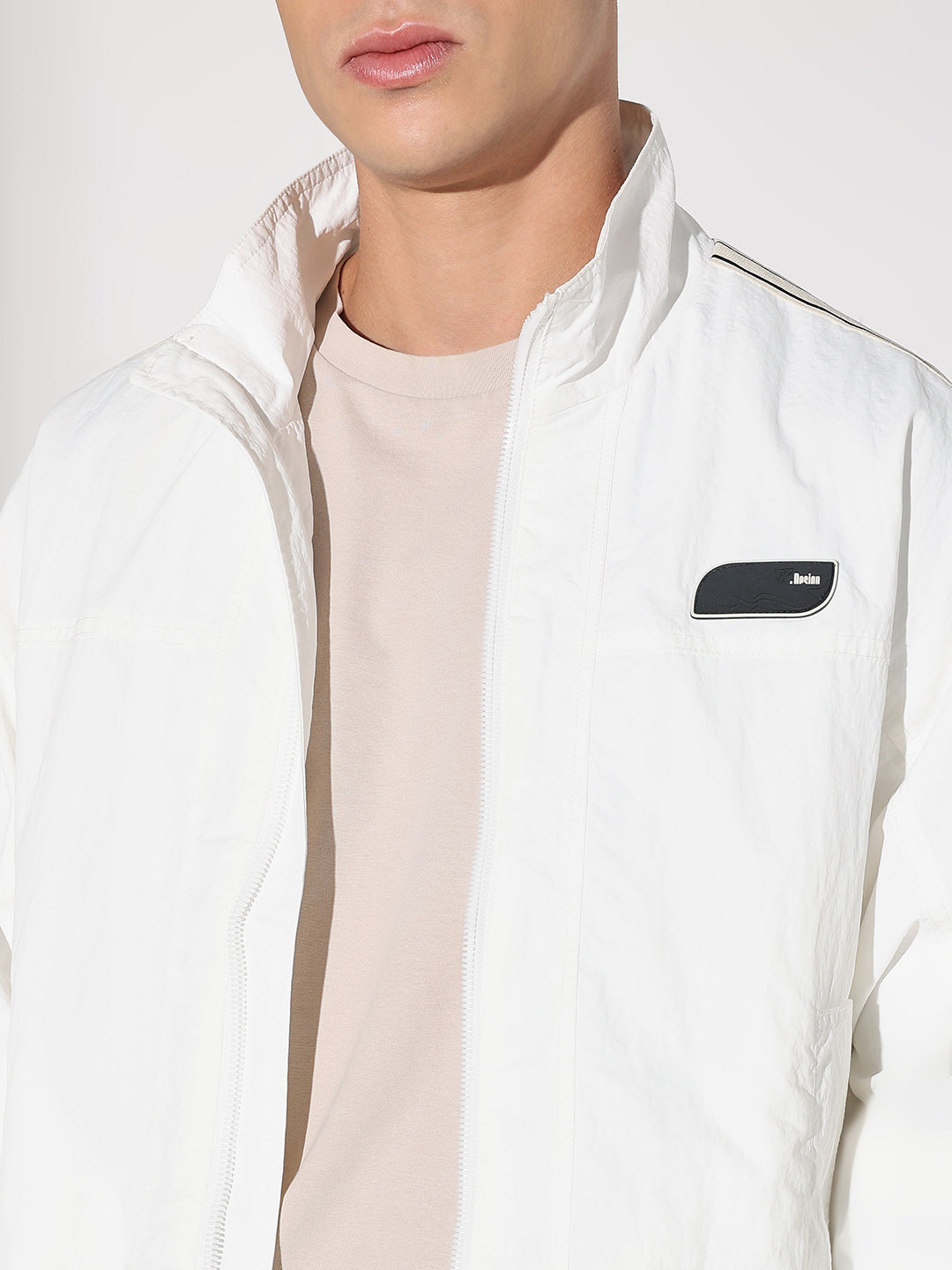Men's Off White Mock Collar Jacket with Striped Tape Detail