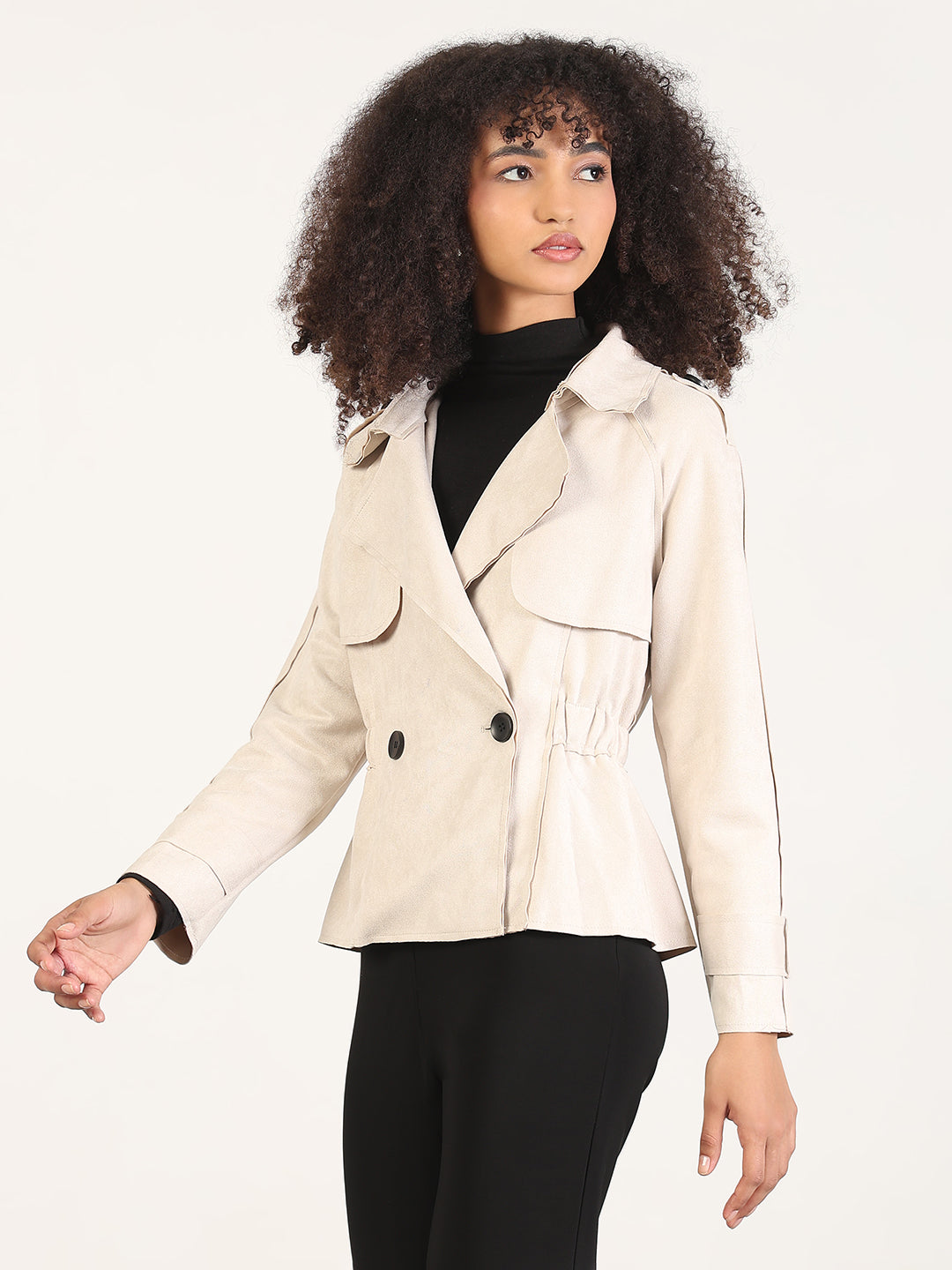 Women's Solid Beige Spread Collar Tailored Jacket