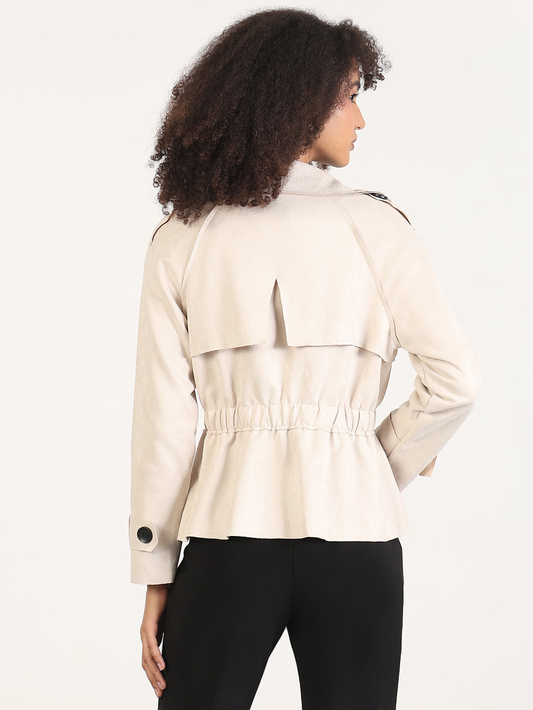 Women's Solid Beige Spread Collar Tailored Jacket