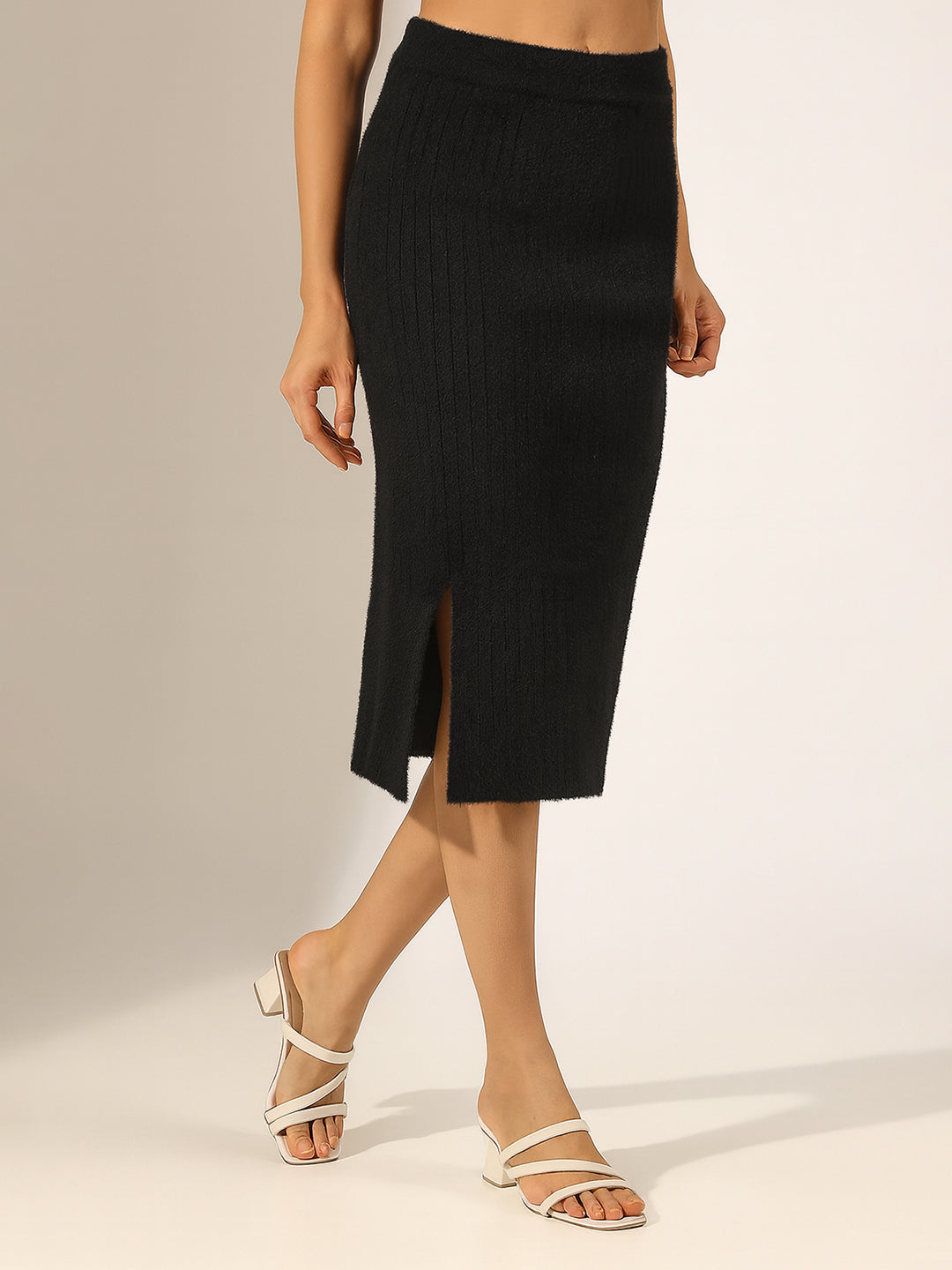 Women's Ribbed Black Pencil Skirt with Side Slit