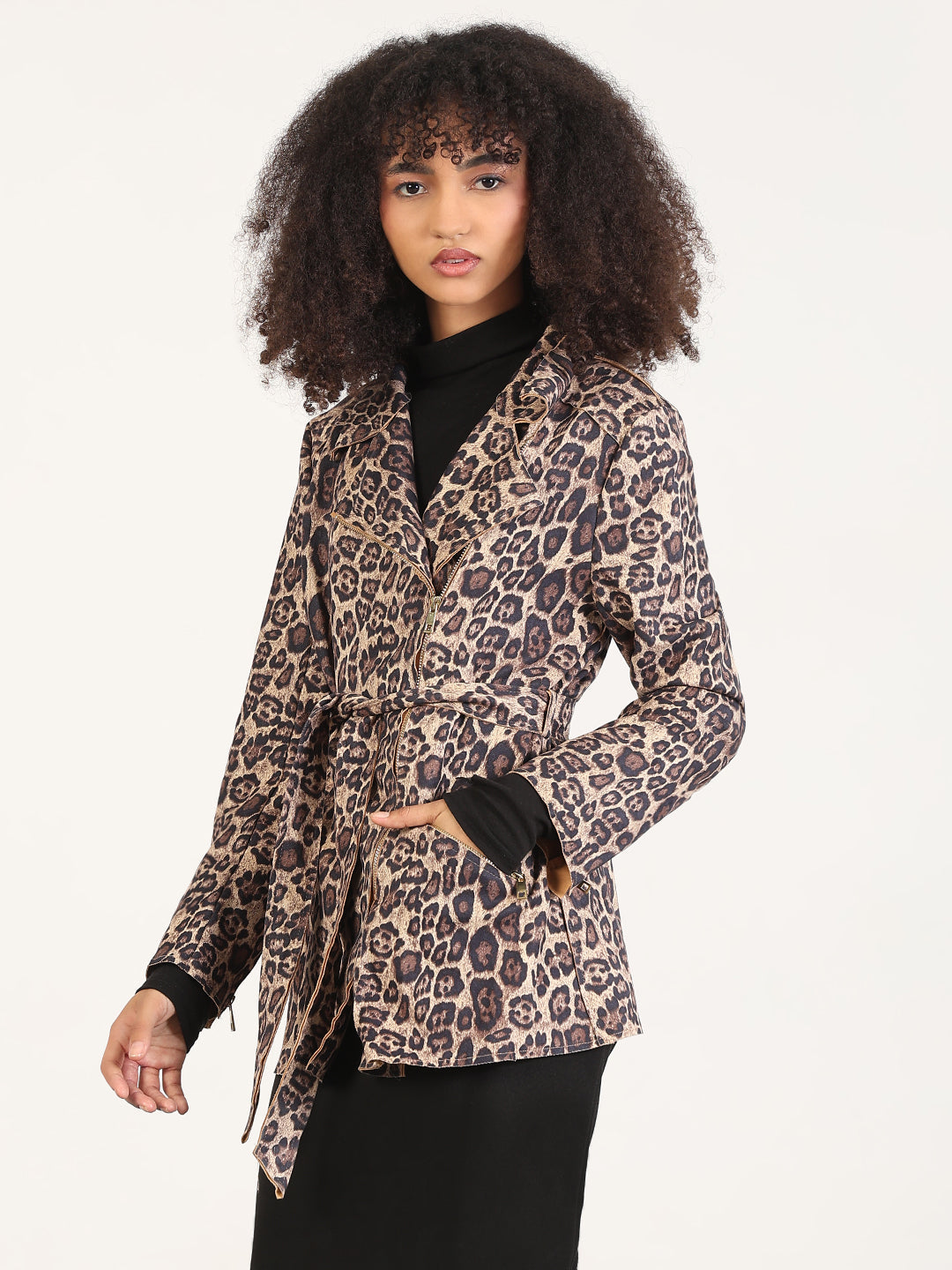 Women's Animal Print Beige Lapel Collar Trench Coat with Fabric Belt And Zipped Cuff