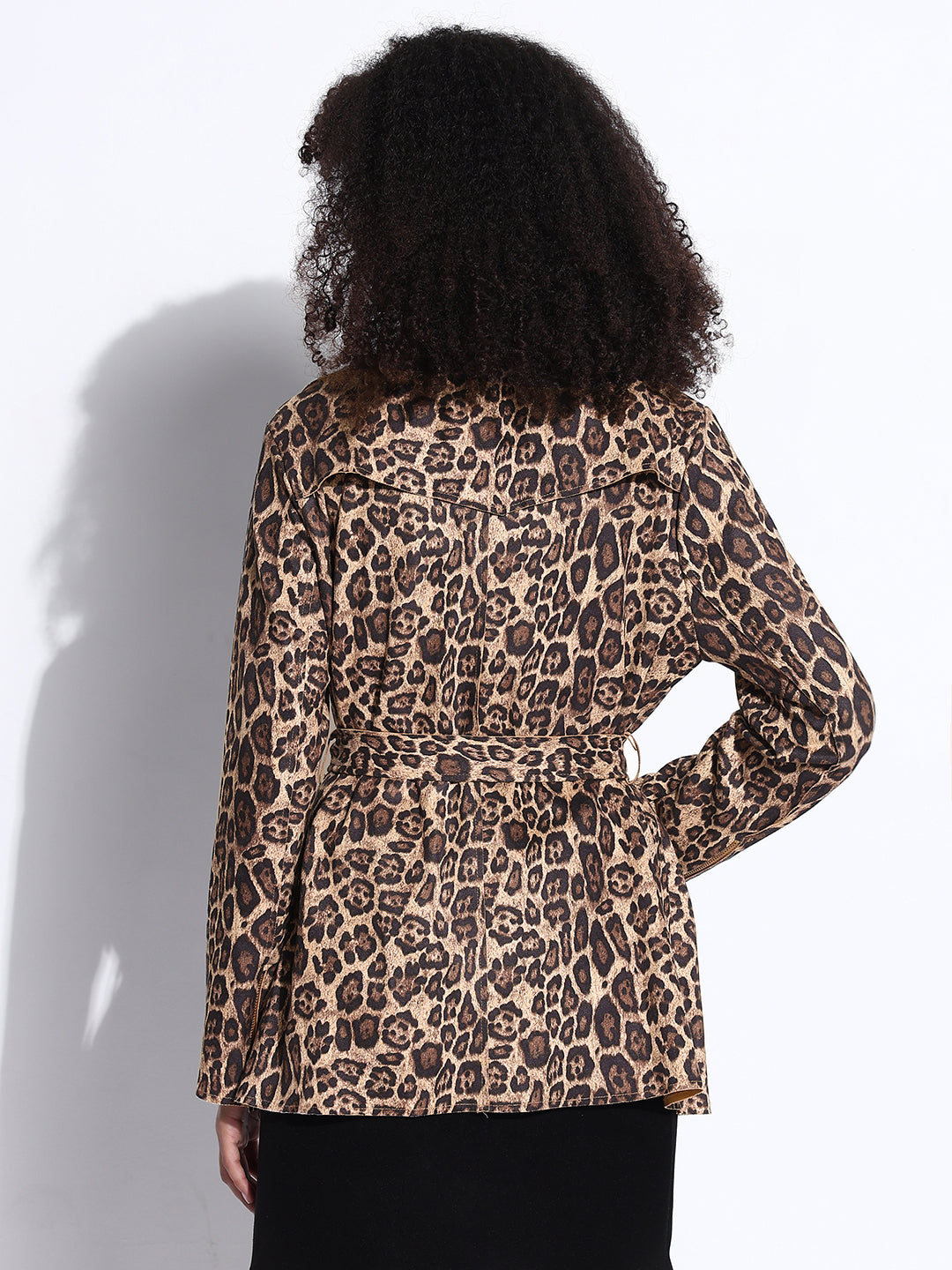 Women's Animal Print Beige Lapel Collar Trench Coat with Fabric Belt And Zipped Cuff