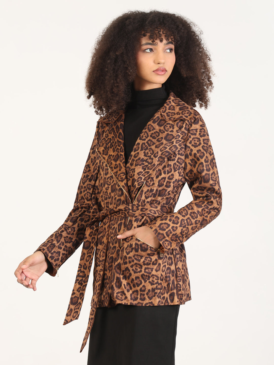 Women's Animal Print Brown Lapel Collar Trench Coat with Fabric Belt And Zipped Cuff