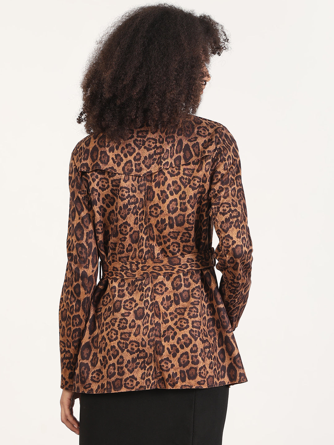 Women's Animal Print Brown Lapel Collar Trench Coat with Fabric Belt And Zipped Cuff