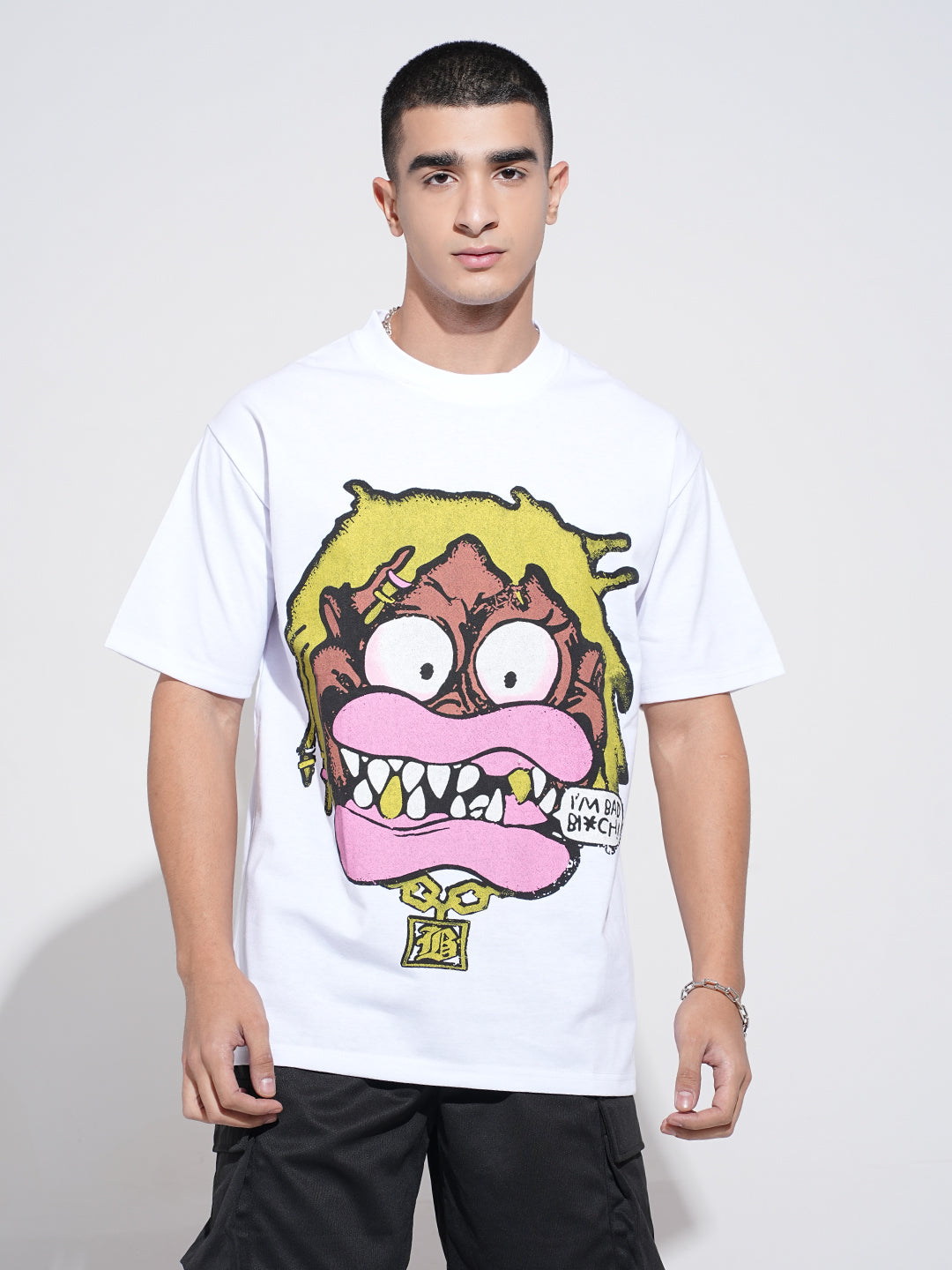 Men's Graphic Print White Short Sleeves Round Neck Relaxed Fit T-Shirt