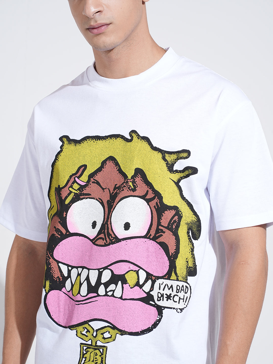 Men's Graphic Print White Short Sleeves Round Neck Relaxed Fit T-Shirt