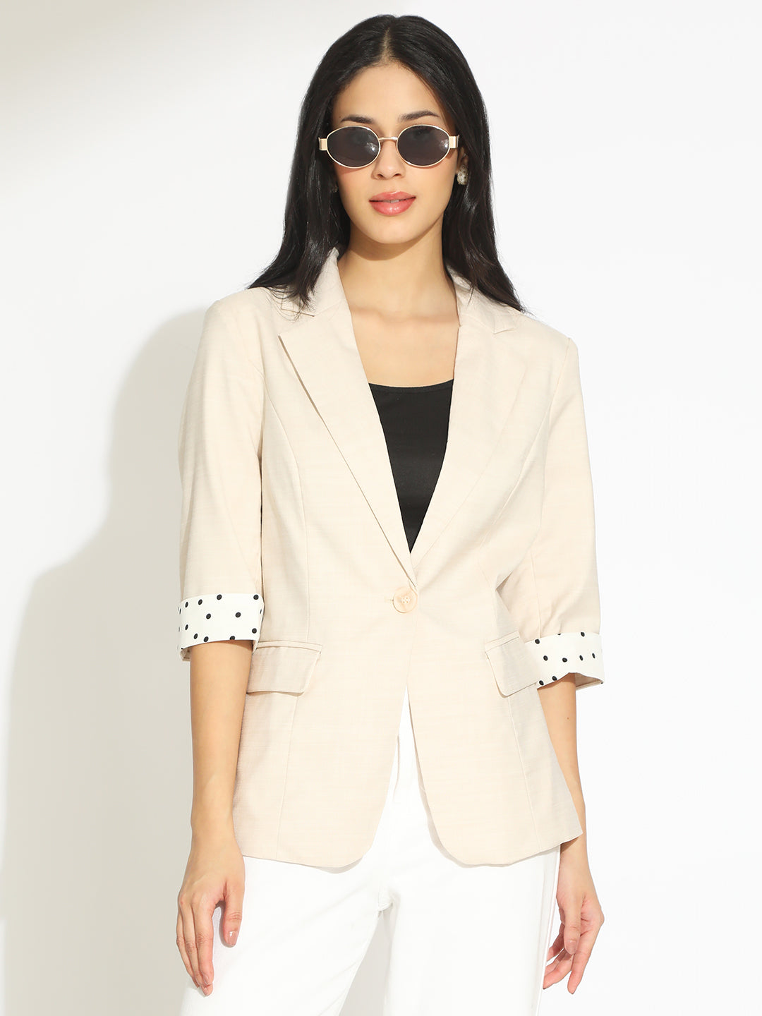 Women's Cream Single-Breasted Blazer with 3/4 Sleeve and Polka Dot Cuff